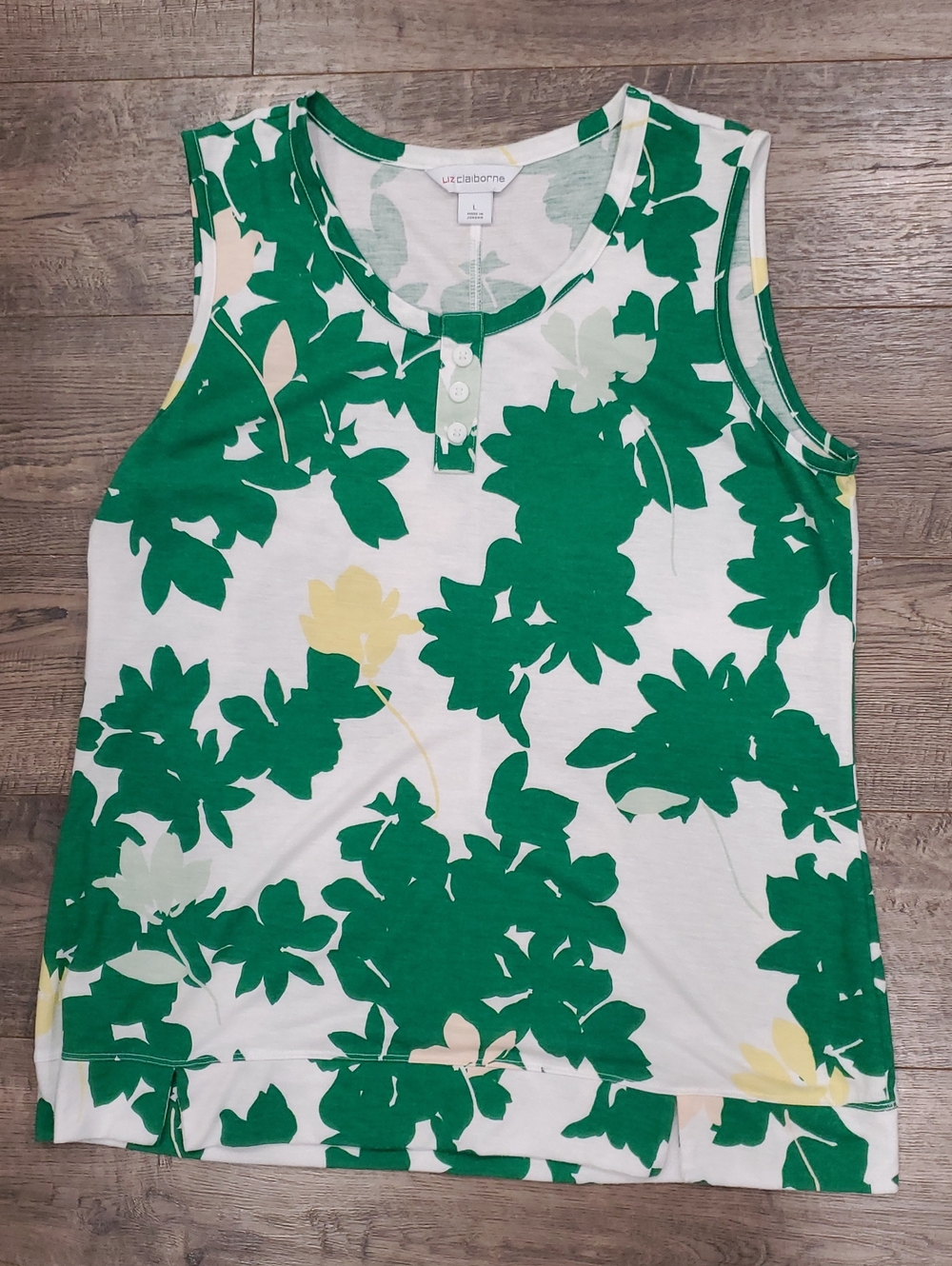 Liz Claiborne White Tank with Green and Yellow Floral Print